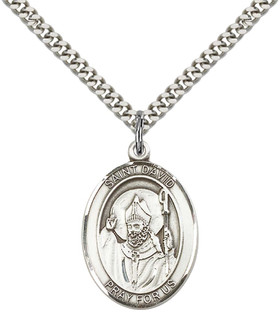 Sterling Silver St. David of Wales Pendant with 24 Inch Light Rhodium Heavy Curb Chain