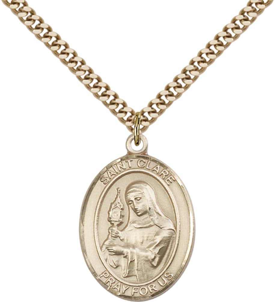 14kt Gold Filled St. Clare of Assisi Pendant with 24 inch Gold Plate Heavy Curb Chain