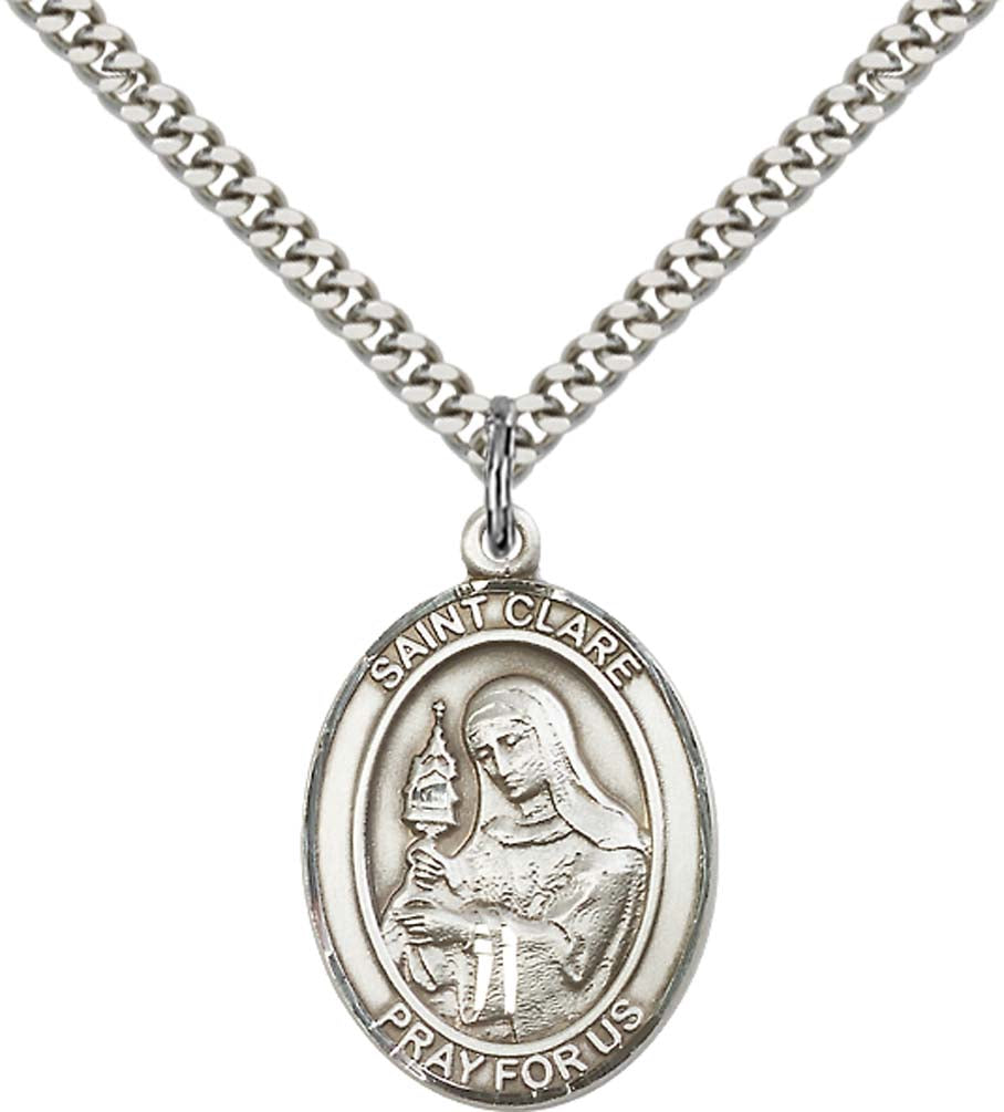 Sterling Silver St. Clare of Assisi Pendant with 24 Inch Light Rhodium Heavy Curb Chain