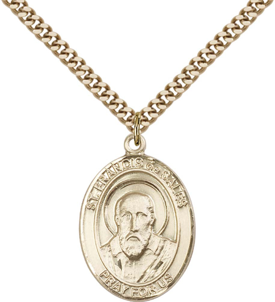 14kt Gold Filled St. Francis de Sales Pendant with 24 inch Gold Plate Heavy Curb Chain