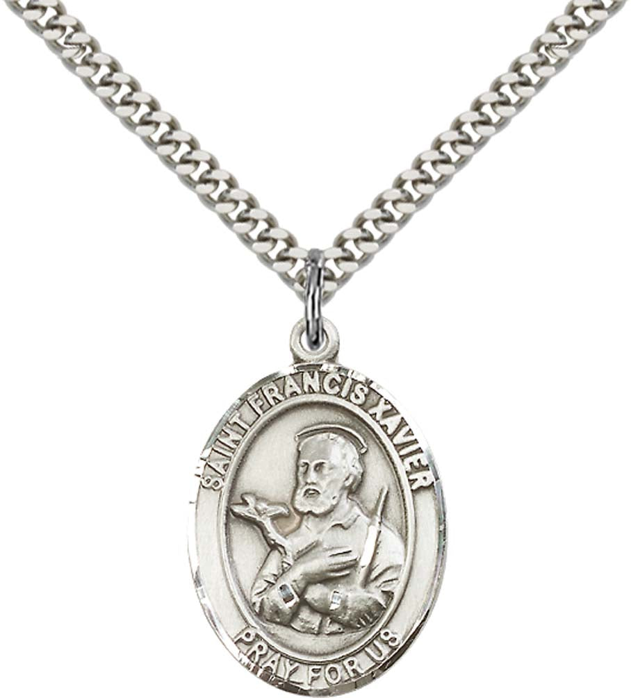 Sterling Silver St. Francis Xavier Pendant with 24 Inch Light Rhodium Heavy Curb Chain