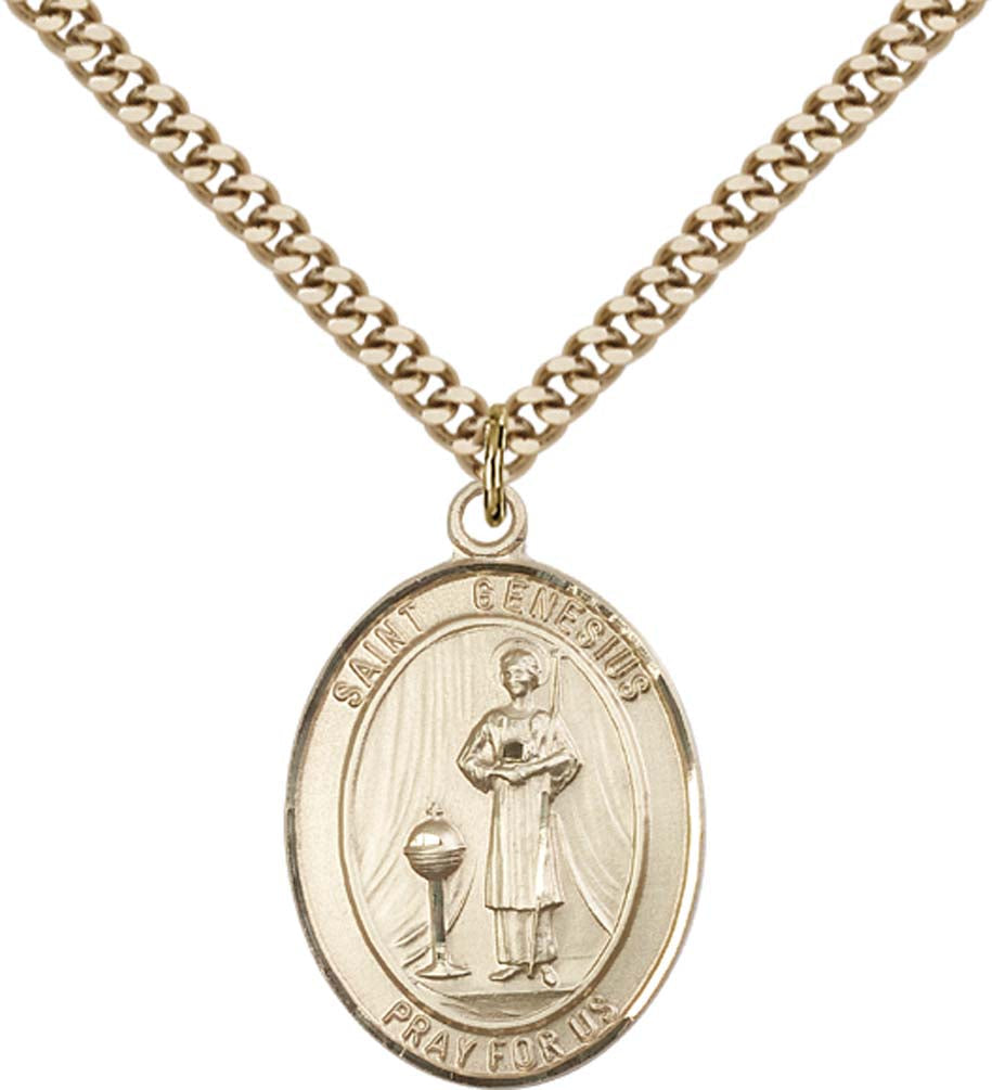 14kt Gold Filled St. Genesius of Rome Pendant with 24 inch Gold Plate Heavy Curb Chain
