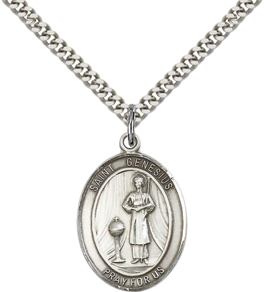 Sterling Silver St. Genesius of Rome Pendant with 24 Inch Light Rhodium Heavy Curb Chain
