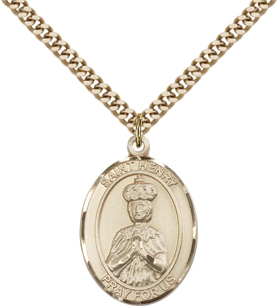 14kt Gold Filled St. Henry II Pendant with 24 inch Gold Plate Heavy Curb Chain