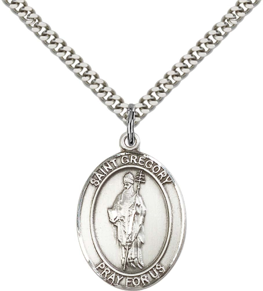 Sterling Silver St. Gregory the Great Pendant with 24 Inch Light Rhodium Heavy Curb Chain