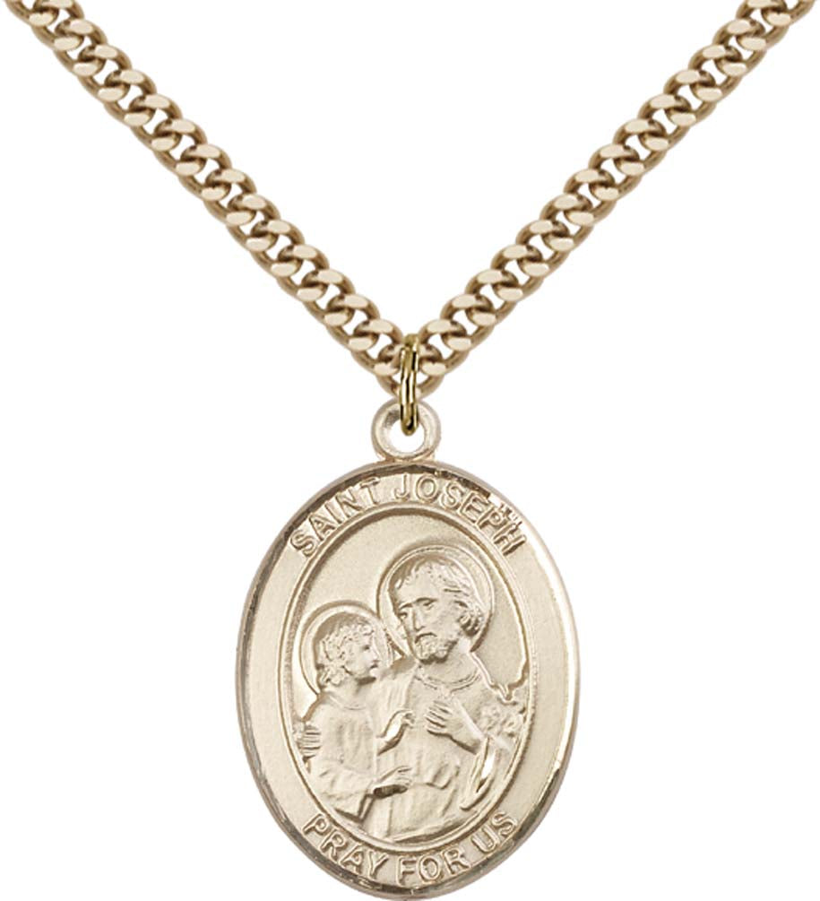 14kt Gold Filled St. Joseph Pendant with 24 inch Gold Plate Heavy Curb Chain - Large Saint Joseph