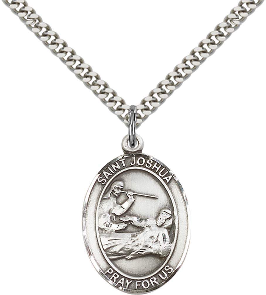 Sterling Silver St. Joshua Pendant with 24 Inch Light Rhodium Heavy Curb Chain