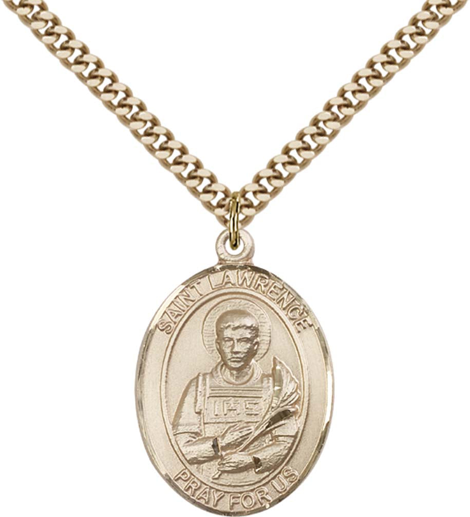 14kt Gold Filled St. Lawrence Pendant with 24 inch Gold Plate Heavy Curb Chain