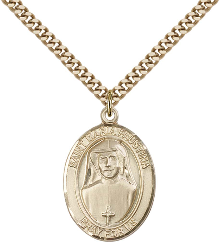 14kt Gold Filled St. Maria Faustina Pendant with 24 inch Gold Plate Heavy Curb Chain