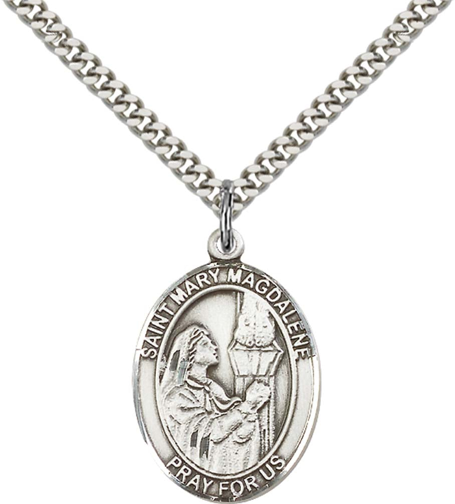 Sterling Silver St. Mary Magdalene Pendant with 24 Inch Light Rhodium Heavy Curb Chain