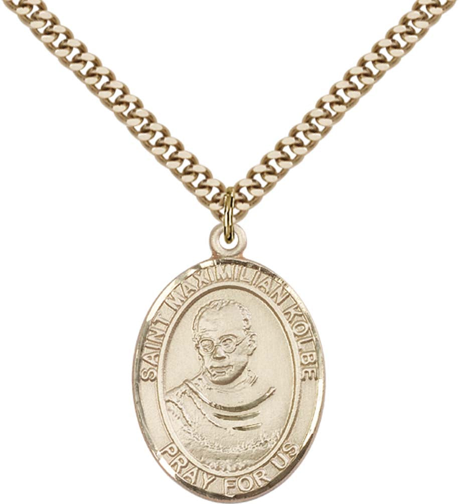 14kt Gold Filled St. Maximilian Kolbe Pendant with 24 inch Gold Plate Heavy Curb Chain