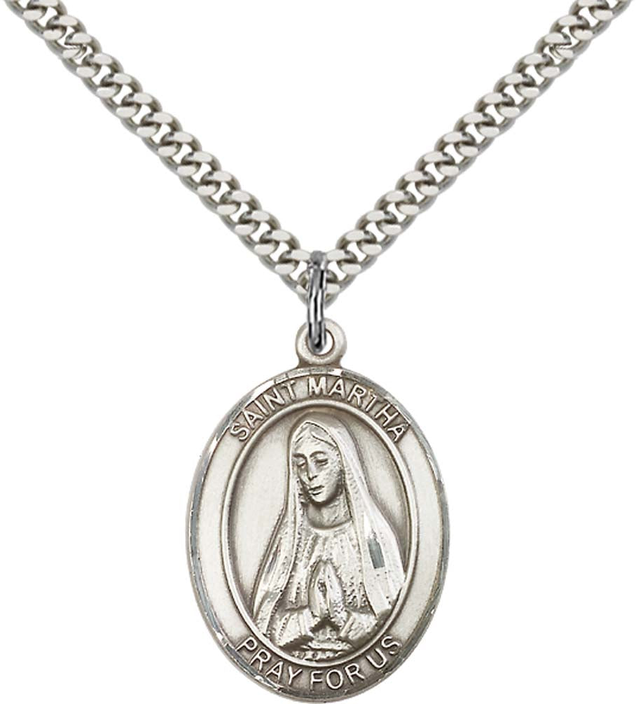 Sterling Silver St. Martha Pendant with 24 Inch Light Rhodium Heavy Curb Chain