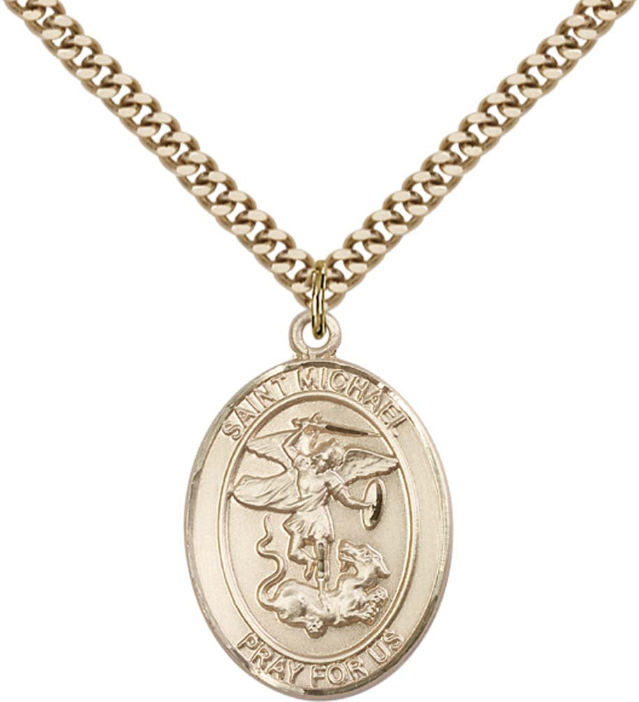 14kt Gold Filled St. Michael the Archangel Pendant with 24 inch Gold Plate Heavy Curb Chain