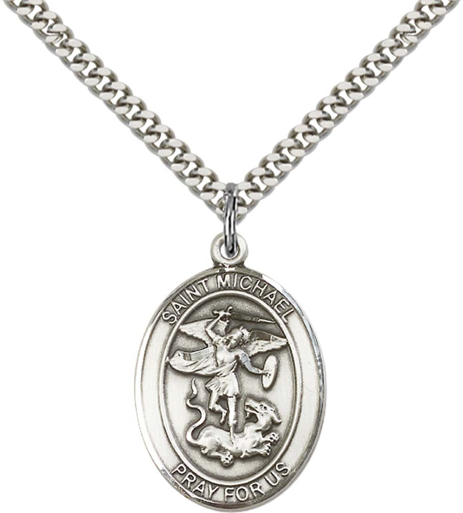 Sterling Silver St. Michael the Archangel Pendant with 24 Inch Light Rhodium Heavy Curb Chain