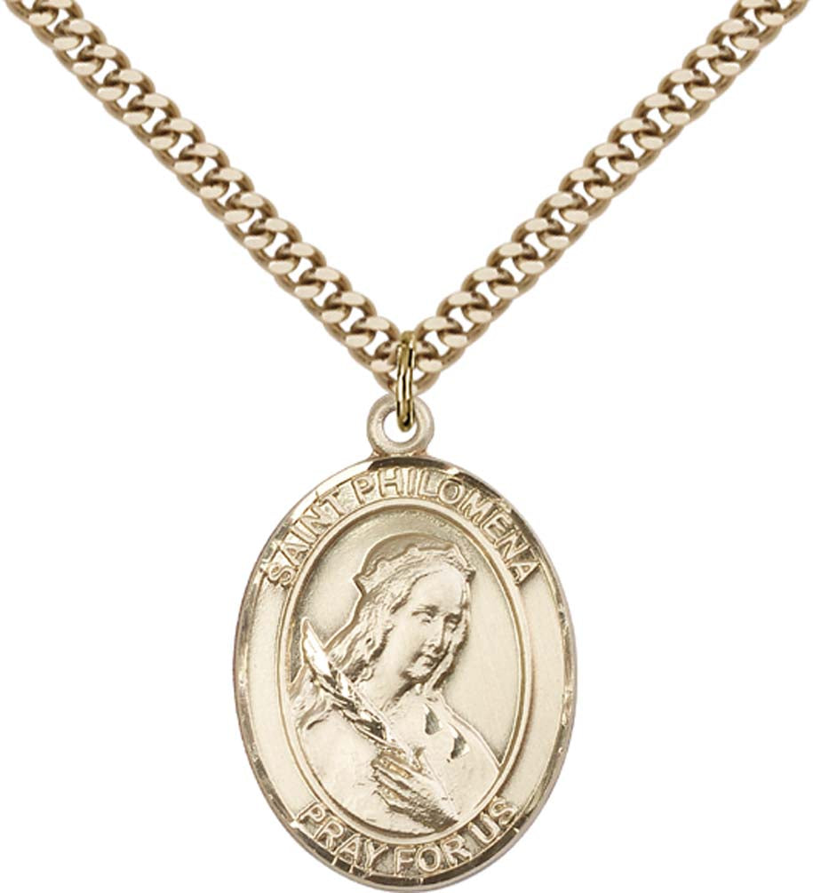 14kt Gold Filled St. Philomena Pendant with 24 inch Gold Plate Heavy Curb Chain