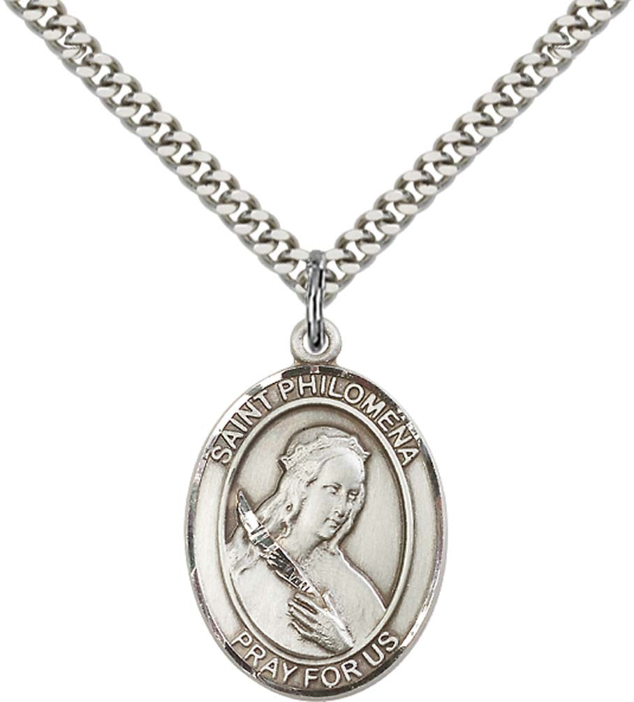 Sterling Silver St. Philomena Pendant with 24 Inch Light Rhodium Heavy Curb Chain