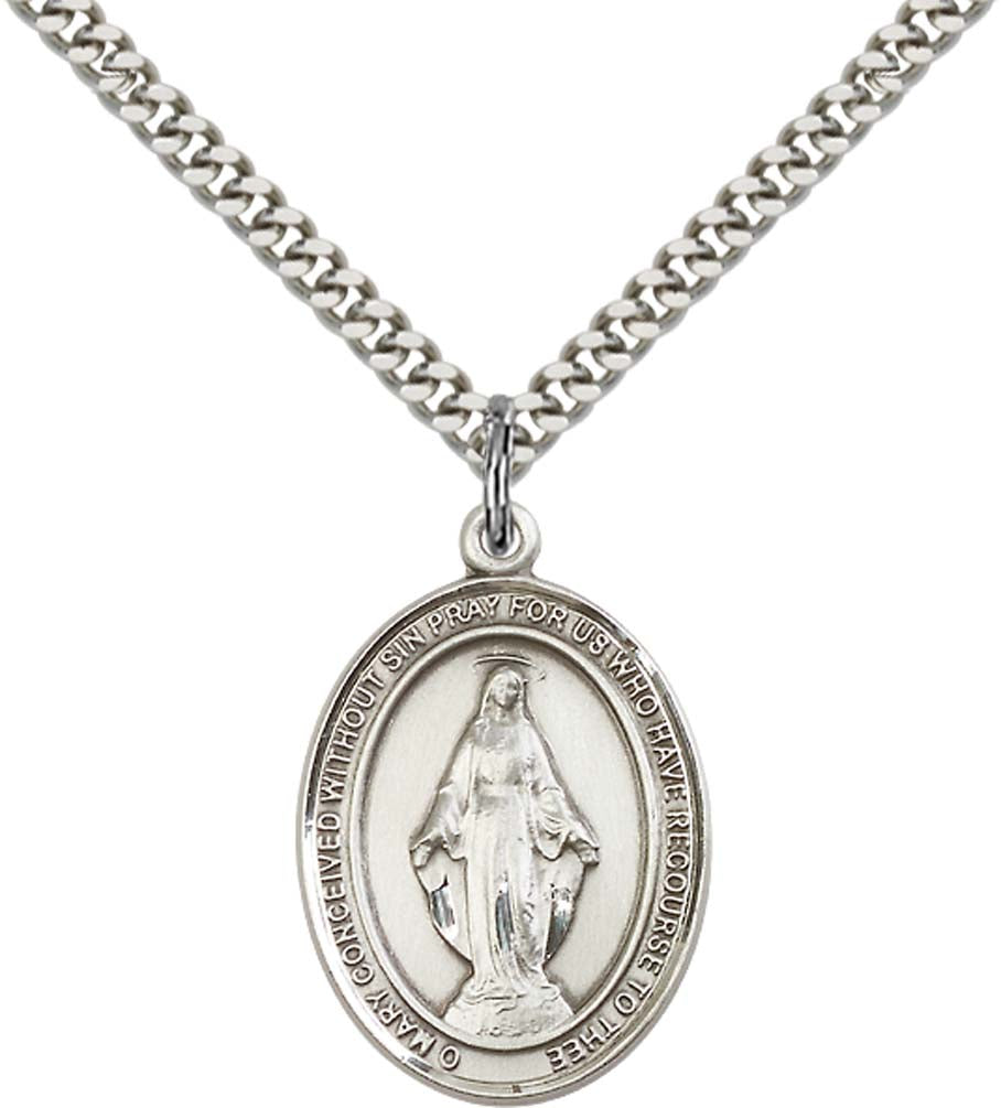 Sterling Silver Miraculous Pendant with 24 Inch Light Rhodium Heavy Curb Chain