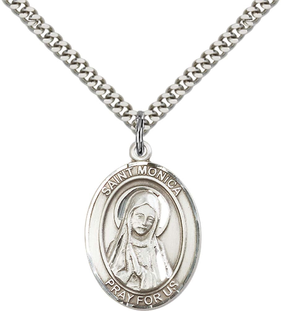 Sterling Silver St. Monica Pendant with 24 Inch Light Rhodium Heavy Curb Chain