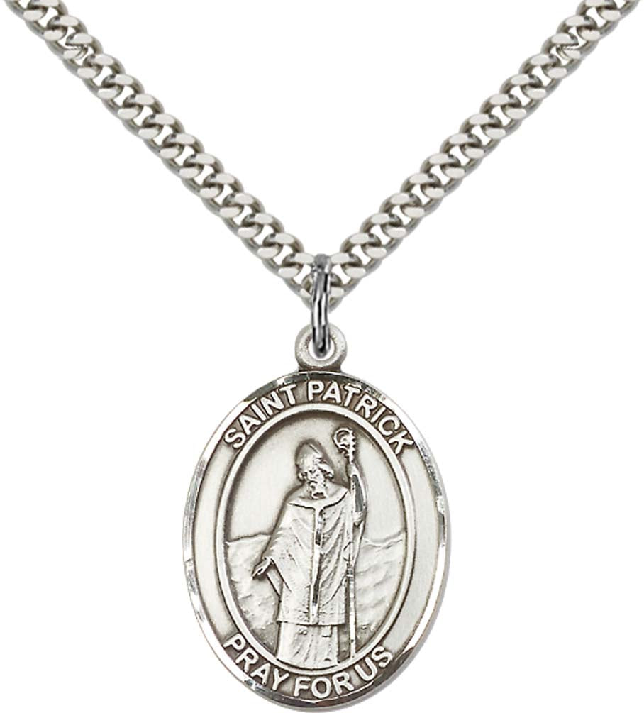 Sterling Silver St. Patrick Pendant with 24 Inch Light Rhodium Heavy Curb Chain