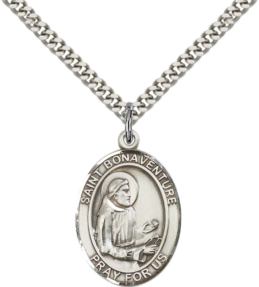 Sterling Silver St. Bonaventure Pendant with 24 Inch Light Rhodium Heavy Curb Chain
