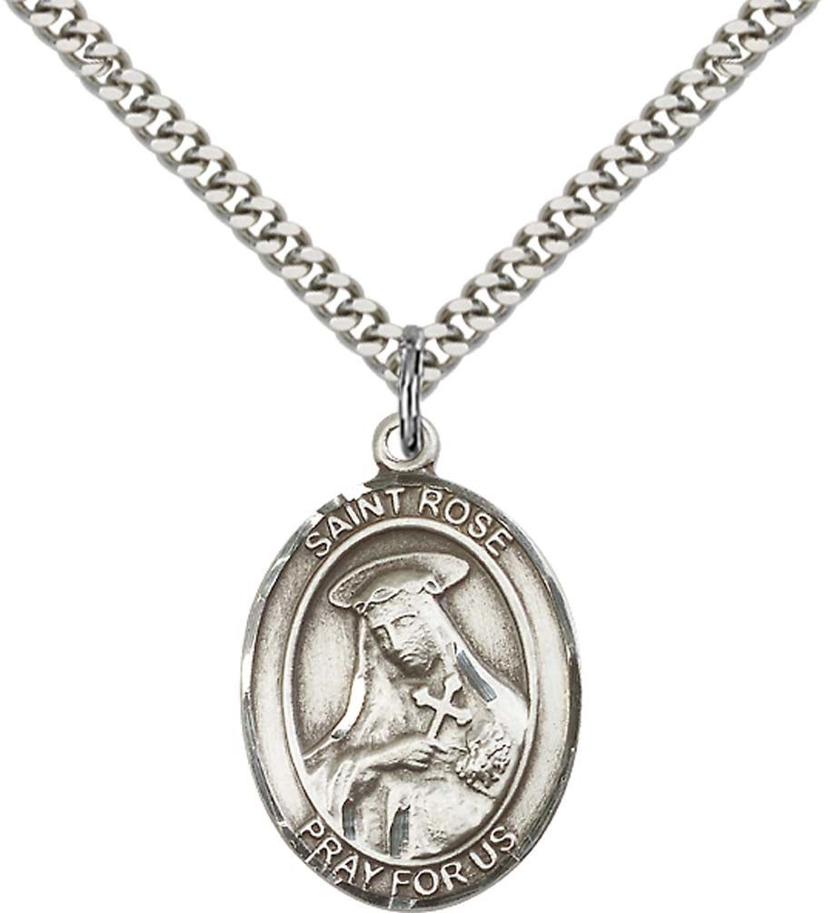 Sterling Silver St. Rose of Lima Pendant with 24 Inch Light Rhodium Heavy Curb Chain