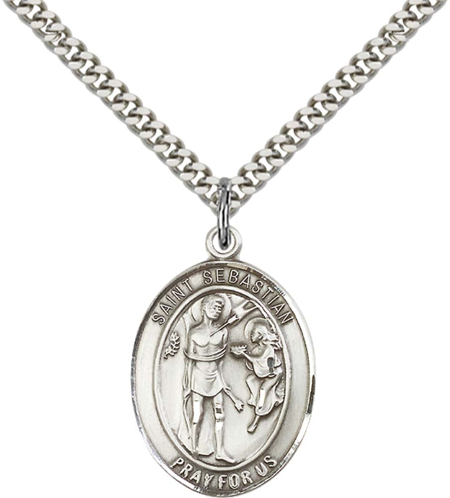 Sterling Silver St. Sebastian Pendant with 24 Inch Light Rhodium Heavy Curb Chain - Large