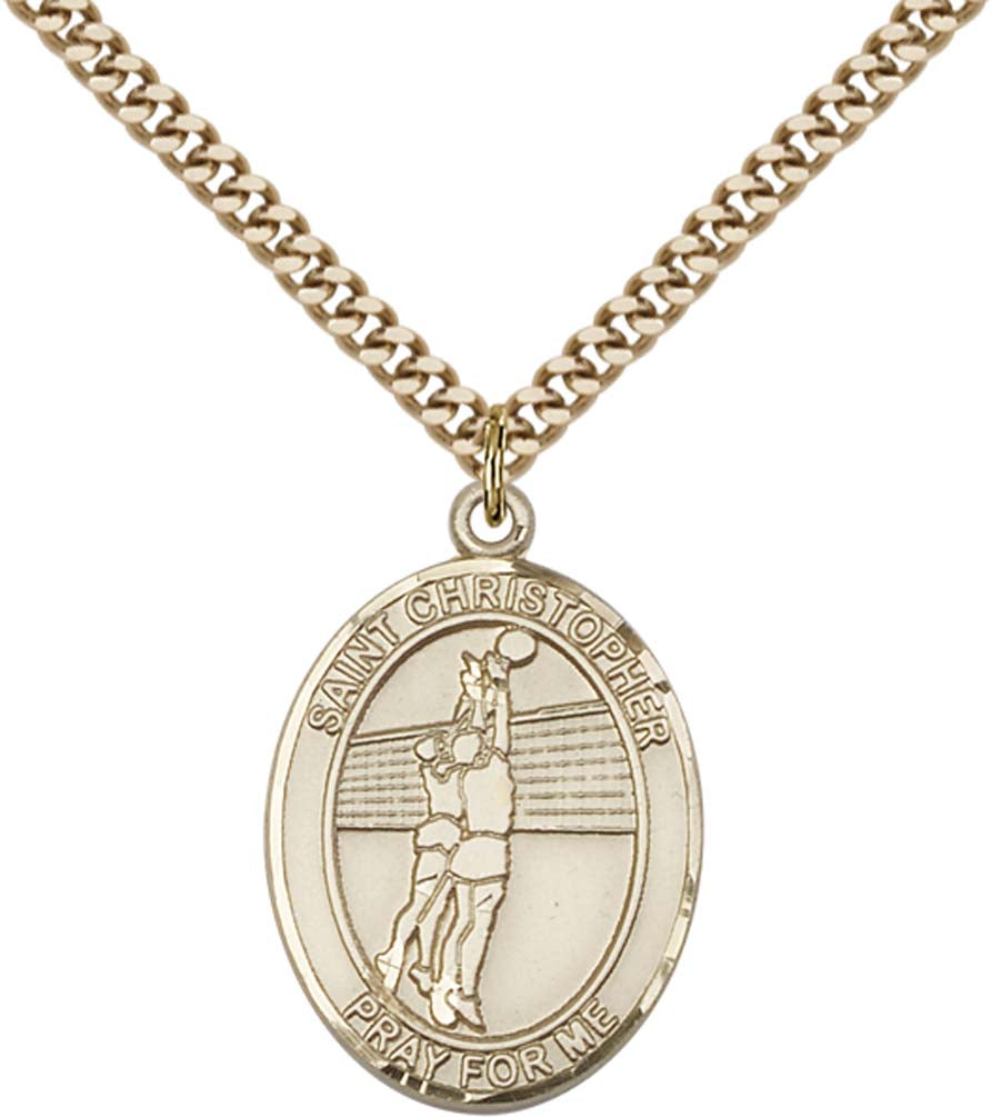 14kt Gold Filled St. Christopher/Volleyball Pendant with 24 inch Gold Plate Heavy Curb Chain