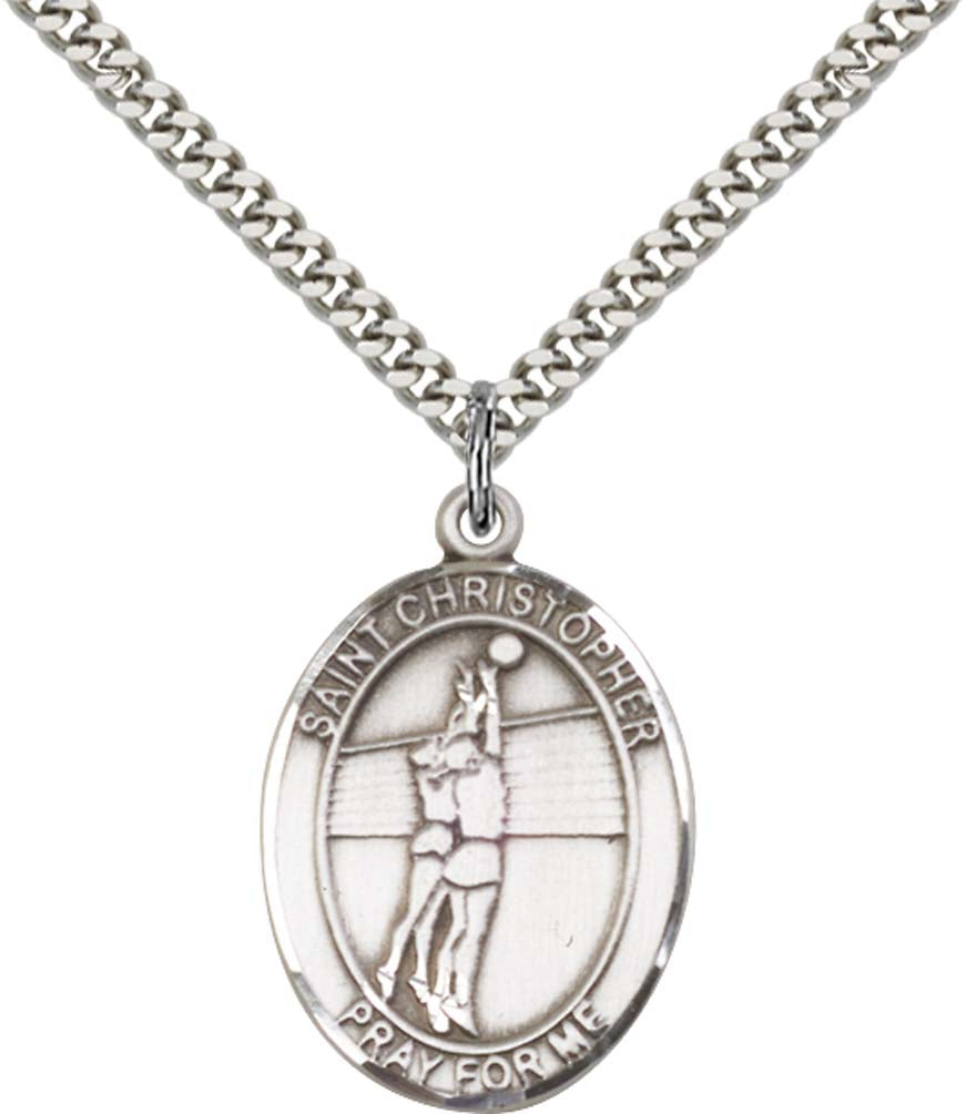 Sterling Silver St. Christopher Pendant with 24 Inch Light Rhodium Heavy Curb Chain - Large Volleyball