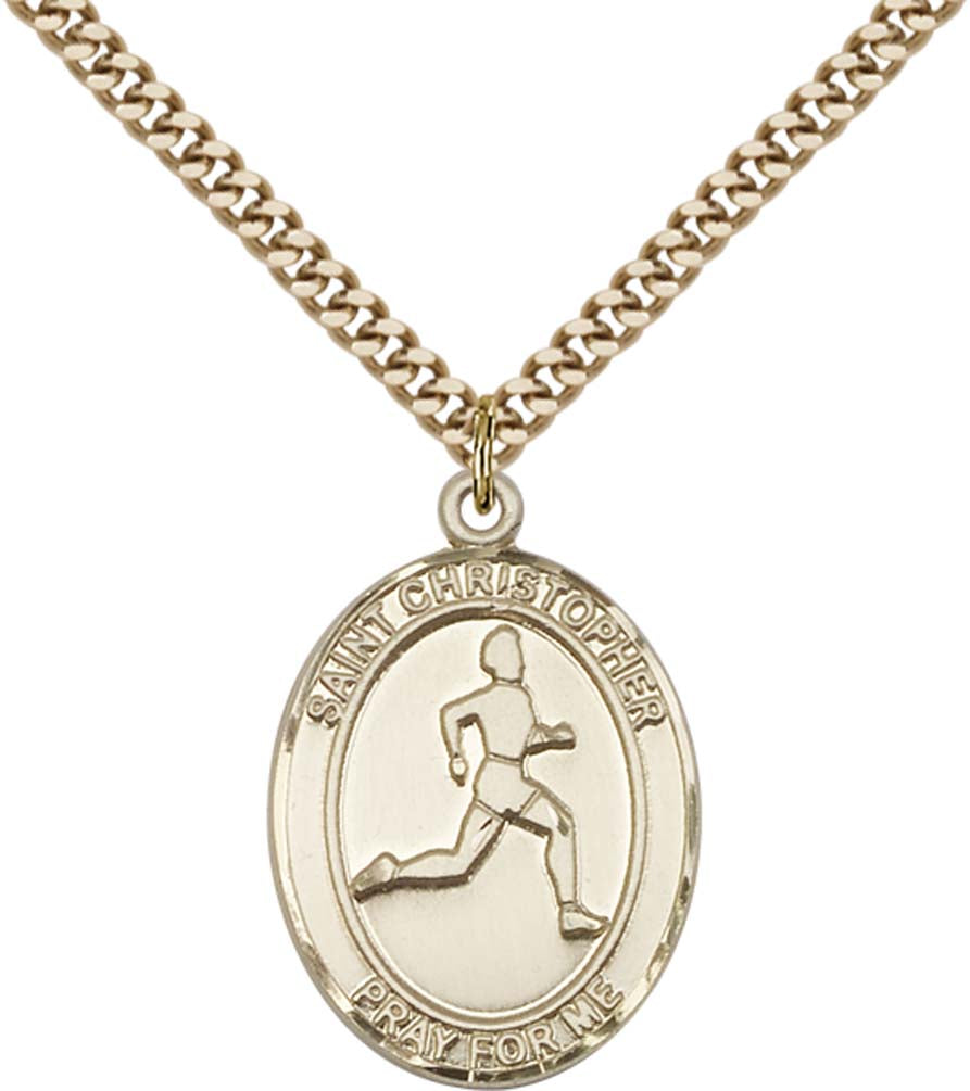 14kt Gold Filled St. Christopher/Track & Field Pendant with 24 inch Gold Plate Heavy Curb Chain