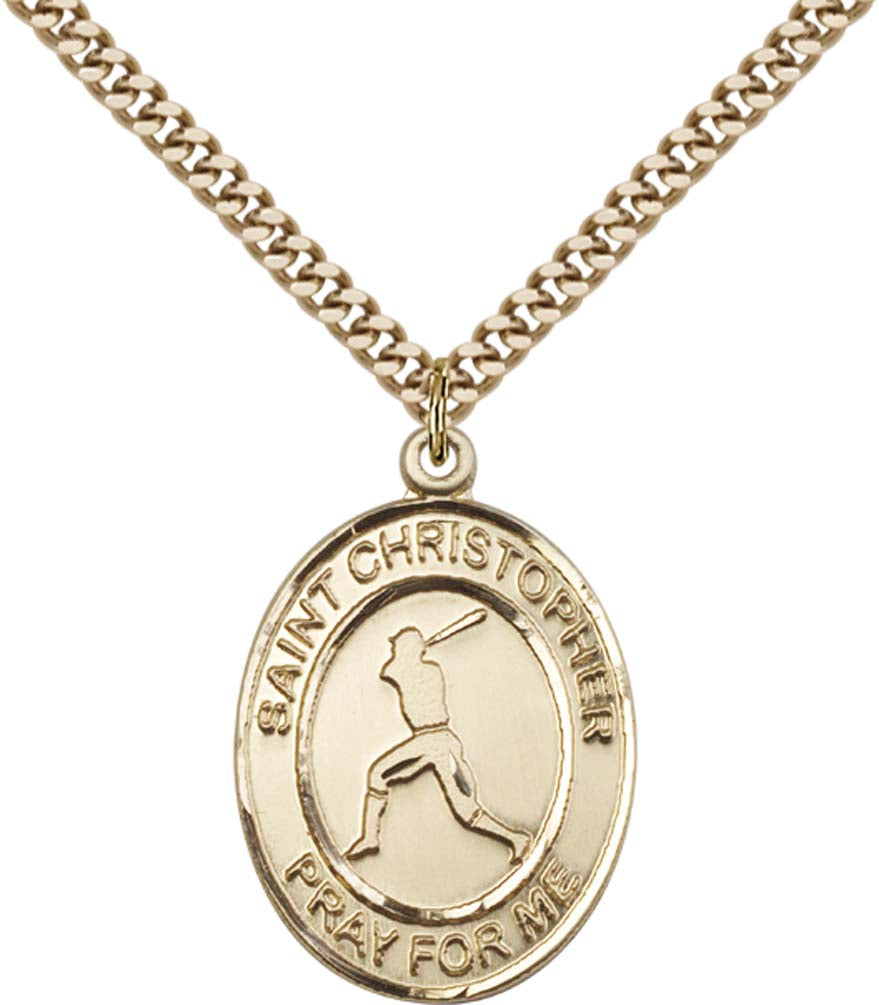 14kt Gold Filled St. Christopher Pendant with 24 inch Gold Plate Heavy Curb Chain - Large Baseball