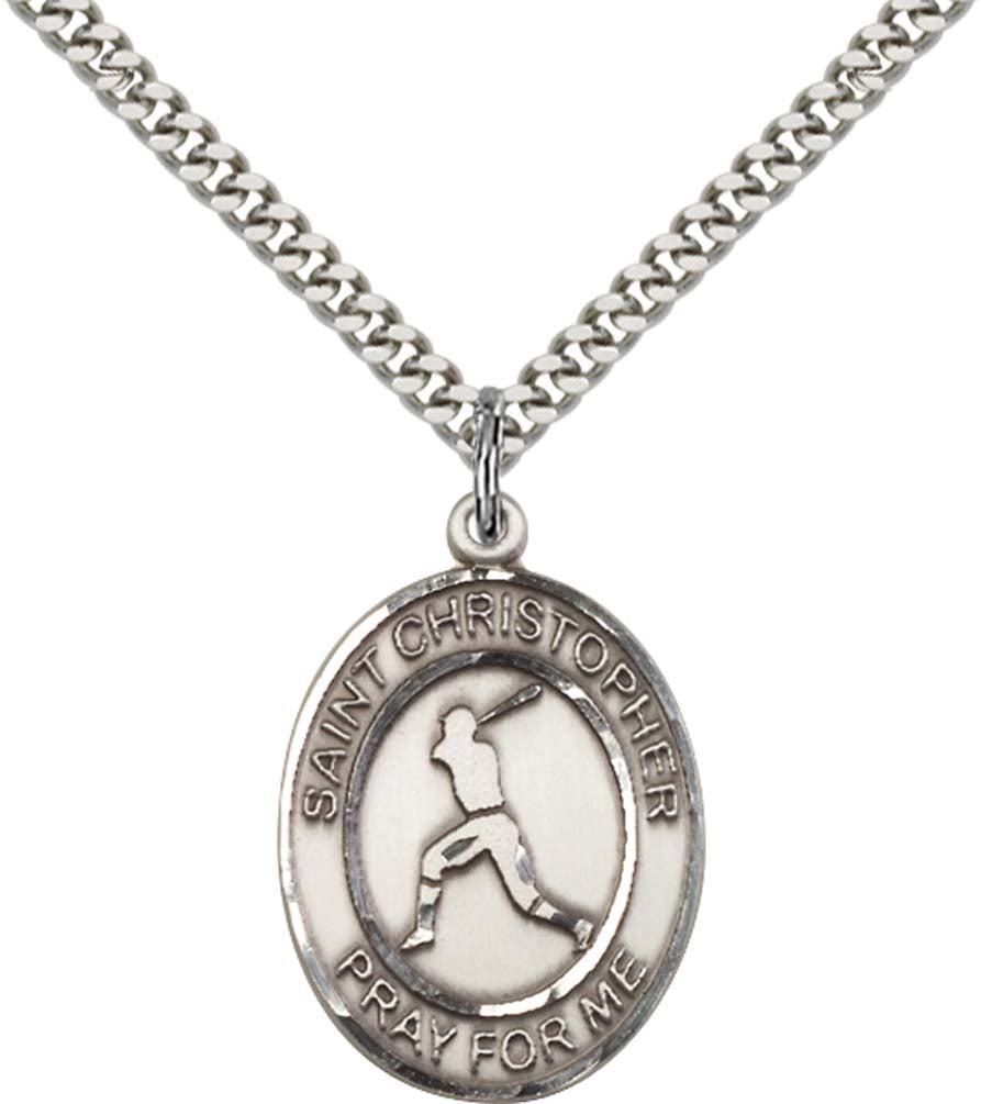 Sterling Silver St. Christopher Pendant with 24 Inch Light Rhodium Heavy Curb Chain - Large Baseball