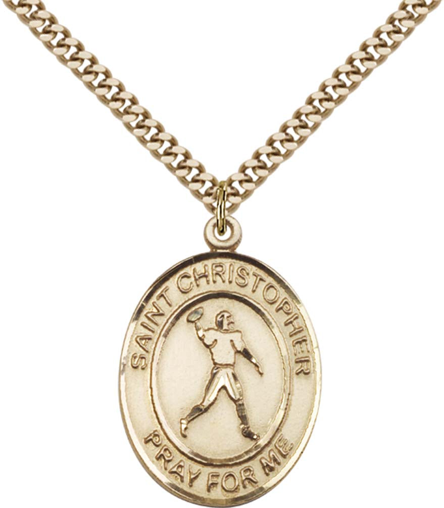 14kt Gold Filled St. Christopher Pendant with 24 inch Gold Plate Heavy Curb Chain - Large Football
