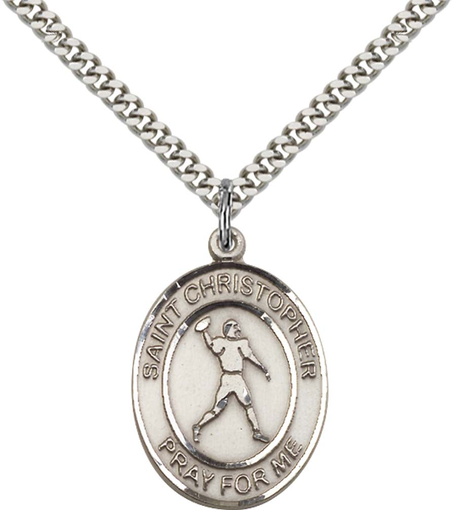 Sterling Silver St. Christopher Pendant with 24 Inch Light Rhodium Heavy Curb Chain - Large Football