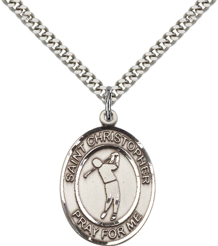 Sterling Silver St. Christopher Pendant with 24 Inch Light Rhodium Heavy Curb Chain - Large Golf