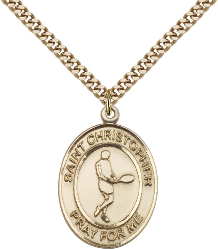 14kt Gold Filled St. Christopher Pendant with 24 inch Gold Plate Heavy Curb Chain - Large Tennis