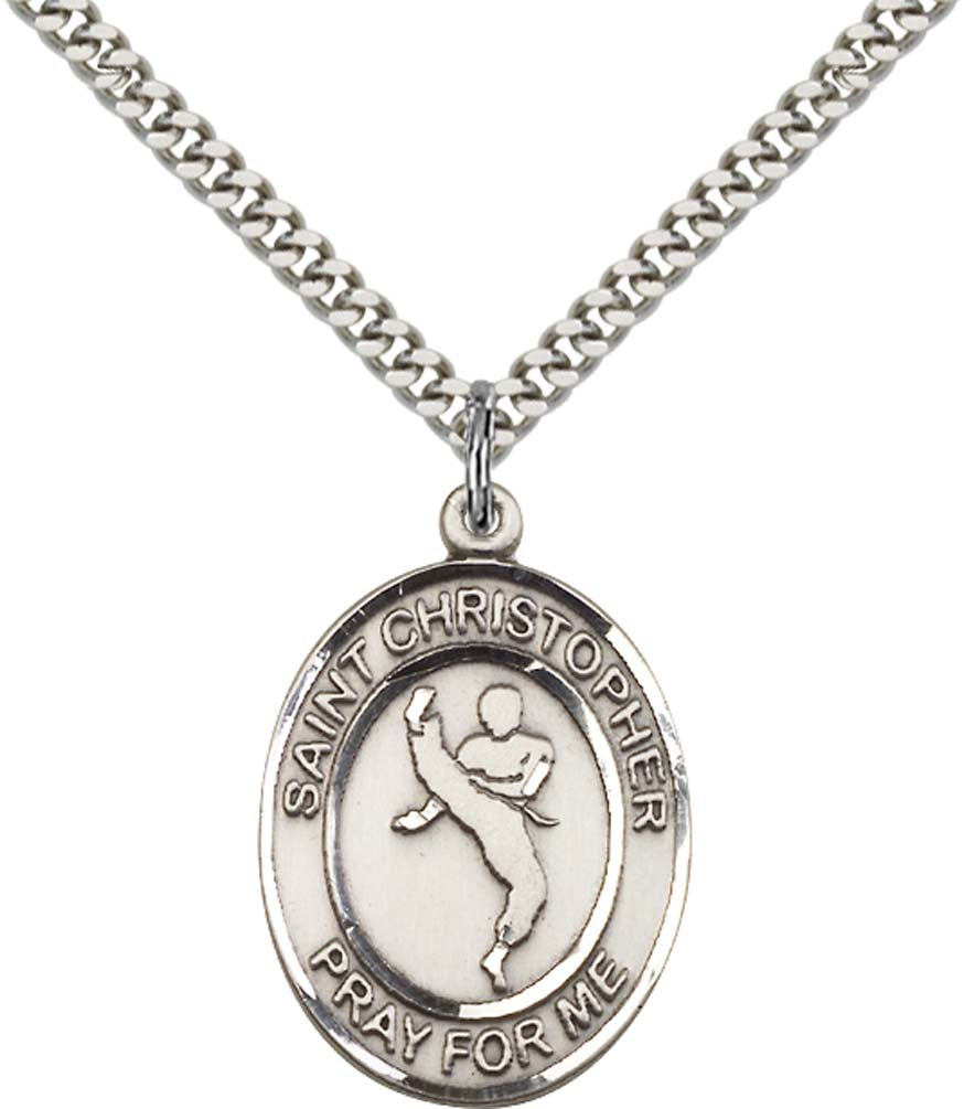Sterling Silver St. Christopher Pendant with 24 Inch Light Rhodium Heavy Curb Chain - Large Martial Arts