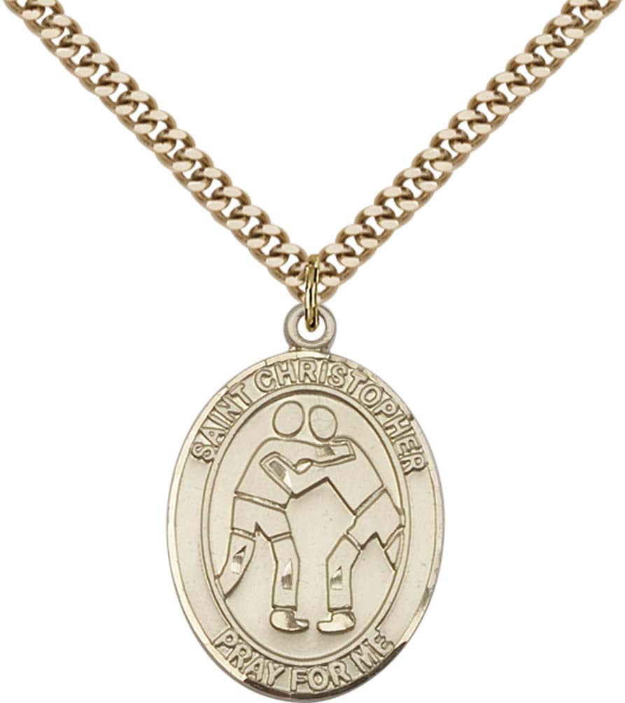 14kt Gold Filled St. Christopher/Wrestling Pendant with 24 inch Gold Plate Heavy Curb Chain - Large