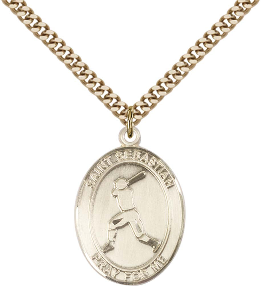 14kt Gold Filled St. Sebastian/Baseball Pendant with 24 inch Gold Plate Heavy Curb Chain