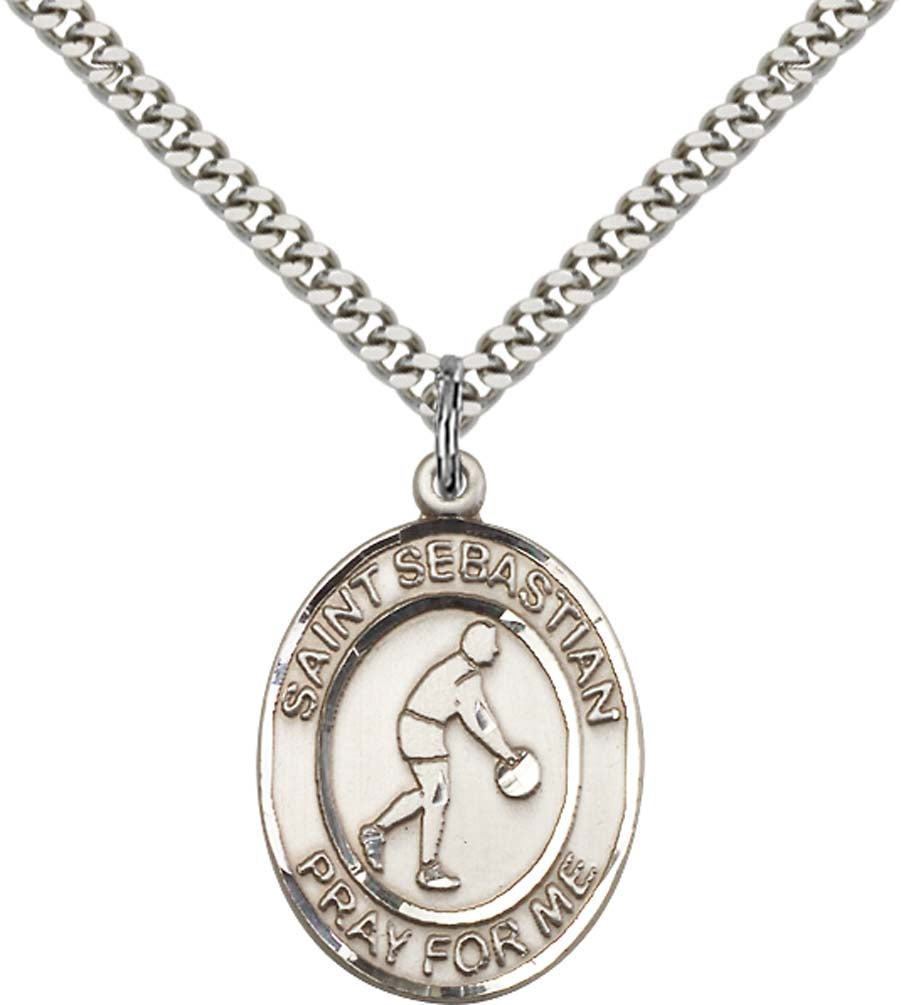Sterling Silver St. Sebastian Pendant with 24 Inch Light Rhodium Heavy Curb Chain - Large Basketball