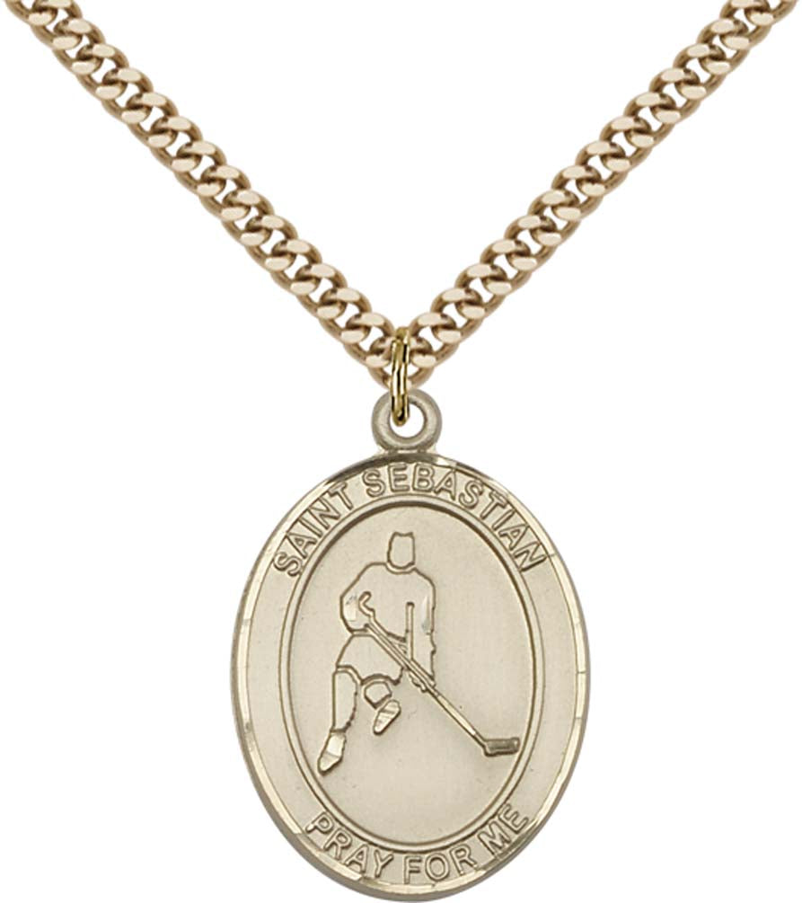 14kt Gold Filled St. Sebastian/Ice Hockey Pendant with 24 inch Gold Plate Heavy Curb Chain