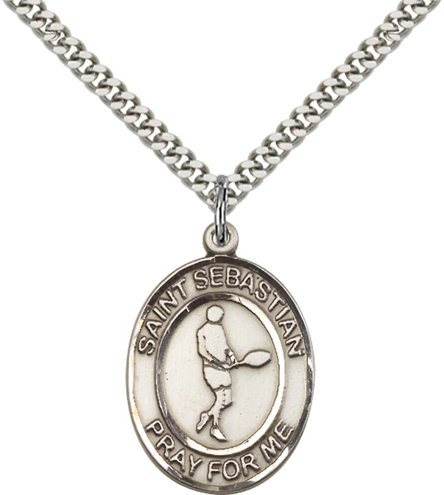 Sterling Silver St. Sebastian Pendant with 24 Inch Light Rhodium Heavy Curb Chain - Large Tennis