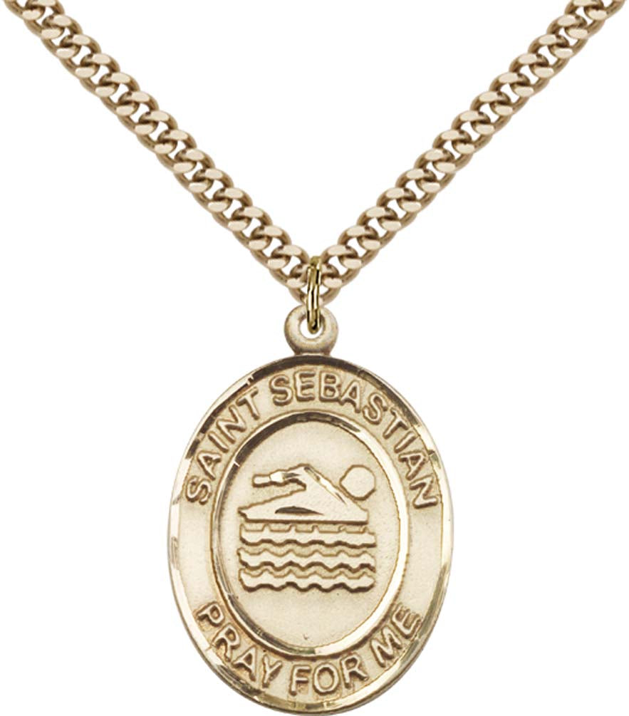 14kt Gold Filled St. Sebastian Pendant with 24 inch Gold Plate Heavy Curb Chain - Large Swimming
