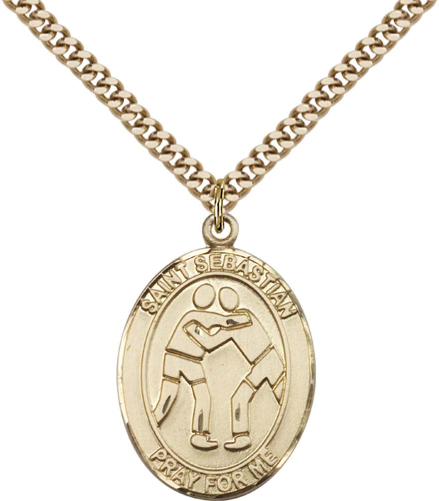 14kt Gold Filled St. Sebastian Pendant with 24 inch Gold Plate Heavy Curb Chain - Large Wrestling