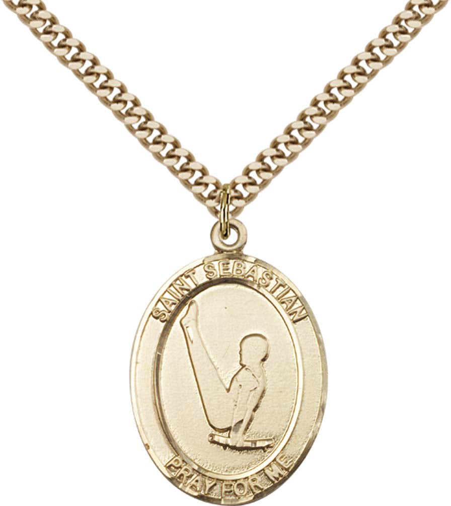 14kt Gold Filled St. Sebastian Pendant with 24 inch Gold Plate Heavy Curb Chain - Large Gymnastics