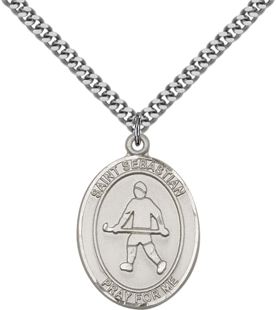Sterling Silver St. Sebastian / Hockey Pendant with 24 Inch Light Rhodium Heavy Curb Chain