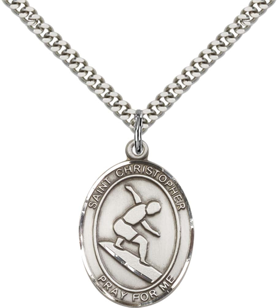 Sterling Silver St. Christopher Pendant with 24 Inch Light Rhodium Heavy Curb Chain - Large Surfing