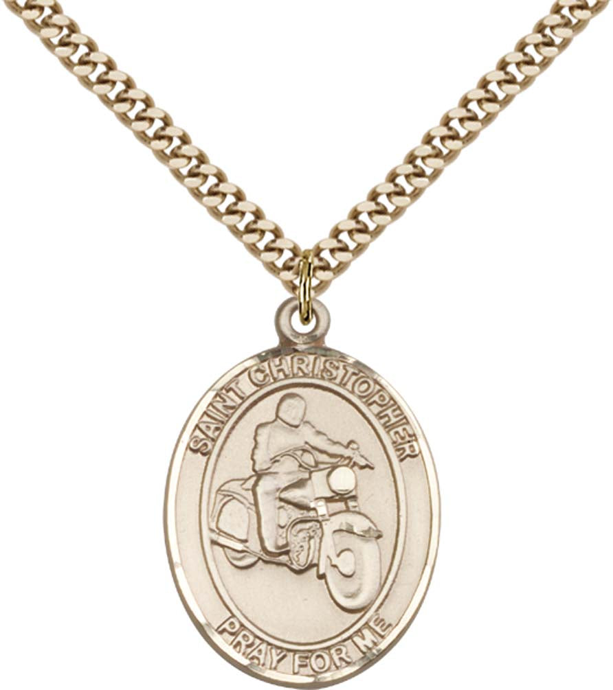 14kt Gold Filled St. Christopher Pendant with 24 inch Gold Plate Heavy Curb Chain - Large Motorcycle