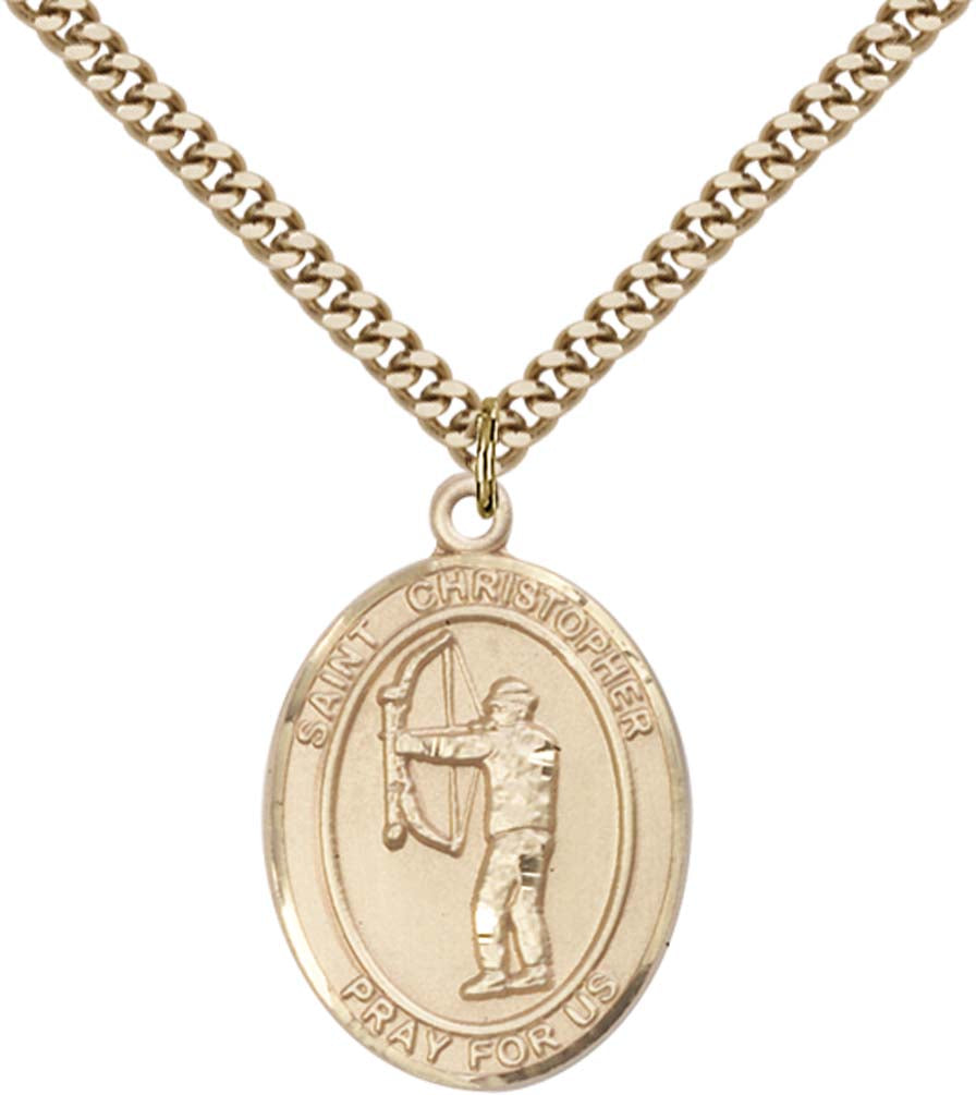 14kt Gold Filled St. Christopher Pendant with 24 inch Gold Plate Heavy Curb Chain - Large Archery