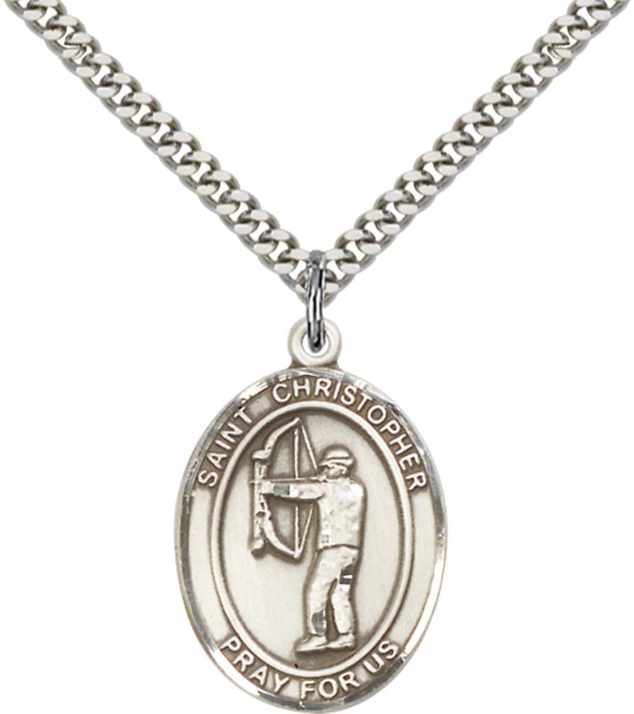 Sterling Silver St. Christopher Pendant with 24 Inch Light Rhodium Heavy Curb Chain - Large Archery