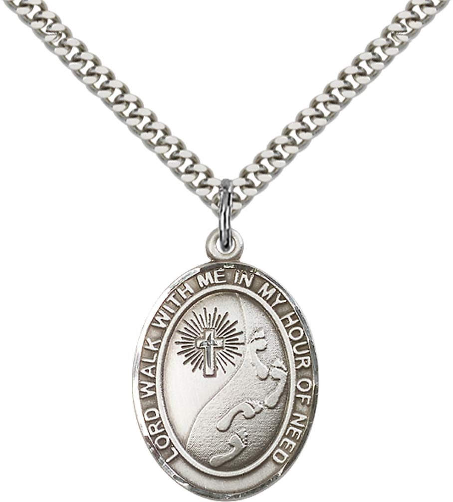 Sterling Silver Footprints / Cross Pendant with 24 Inch Light Rhodium Heavy Curb Chain